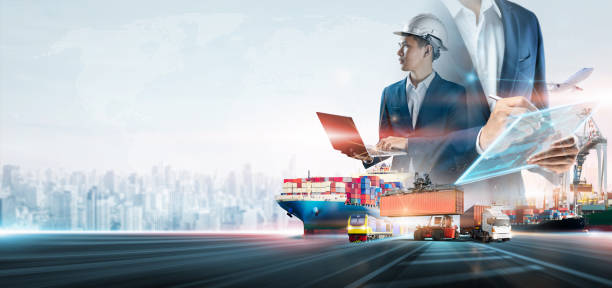 istock Business and technology digital future of cargo containers logistics transportation import export concept, Engineer using laptop online tracking control delivery distribution on world map background 1469438235