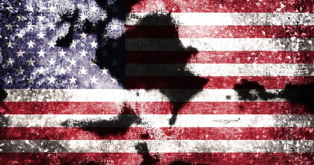istock Double exposure of creepy American flag. Basemap or background use 1469439337