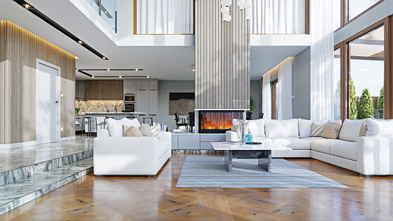 Modern living interior. 3d design concept illustration