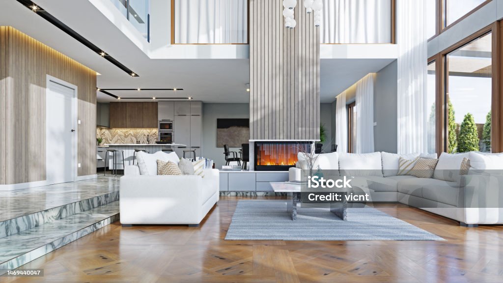 Modern living interior. Modern living interior. 3d design concept illustration Indoors Stock Photo