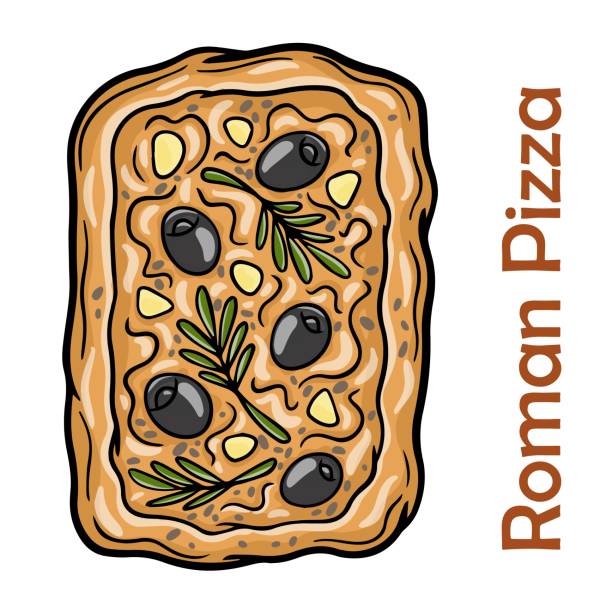 illustrazioni stock, clip art, cartoni animati e icone di tendenza di focaccia italiana con vari ripieni di verdure. oman pizza rettangolare su priorità bassa bianca - focaccia