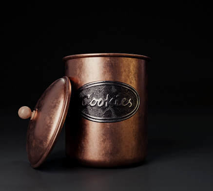 A concept showing a copper cookie jar tin with an open lid on dark spotlit studio background - 3D render