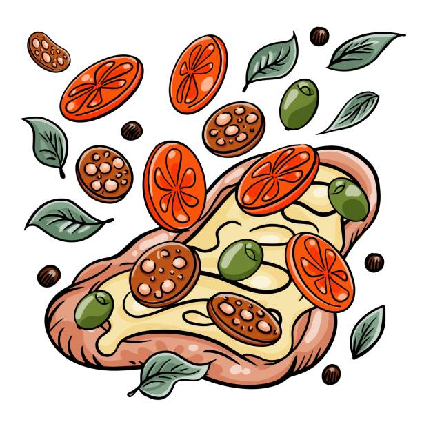 ilustraciones, imágenes clip art, dibujos animados e iconos de stock de pizza rectangular romana. con tomates voladores, salami y hierbas.  imagen vectorial de dibujos animados. - italian culture pastry food rome