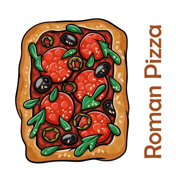Vector illustration of Pizza Diavolo with chorizo, rucola, jalapeno, chili, kalamata, pesto. Roman pizza rectangular on white background