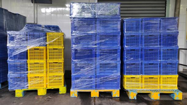 istock Blue and yellow clean basket wrapped with plastic 1469443033