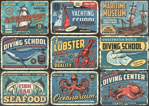 Ocean tourism vintage flyers colorful set for lobster bar or diving center and museum of underwater relics vector illustration