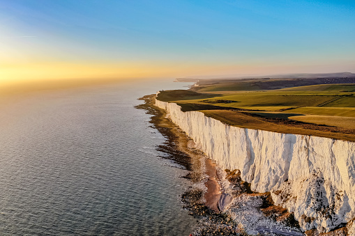 Aerial view of Beachy Head White Cliffs sunset English Channel East Sussex England Europe