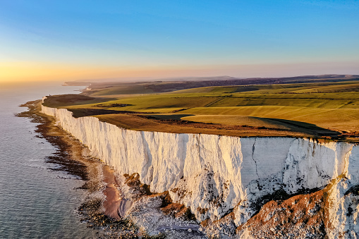 Aerial view of Beachy Head White Cliffs sunset English Channel East Sussex England Europe