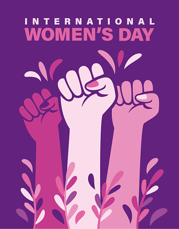 International Women's Day design featuring fists up symbol. To use as cards or posters on female movement and empowering issues. Dark background.