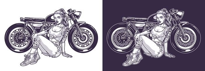 Motorcycle driver girl monochrome element with tattooed woman motorcyclist sits on ground in shorts and tied t-shirt vector illustration