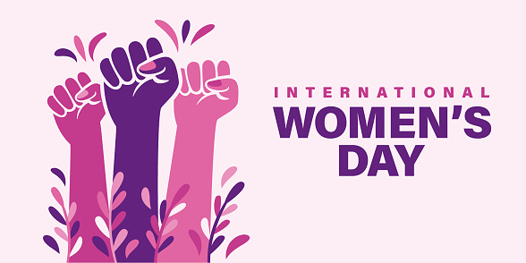 International Women's Day design featuring fists up symbol. To use as cards, posters, and banners, on female movements and empowering issues. Landscape format. Light Background.