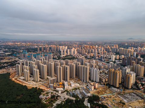 Aerial view of residential buildings under construction in the city