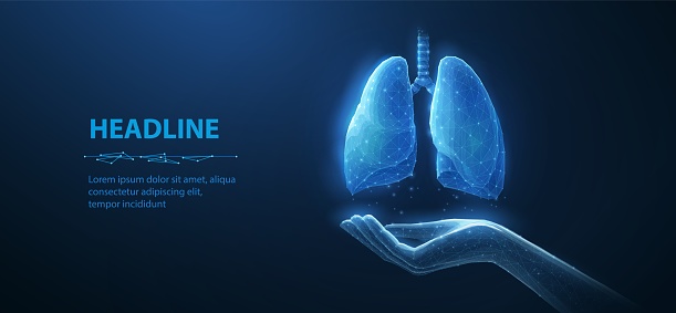 Lung health. Abstract 3d lung on hand. Lung care, tuberculosis awareness, world cancer day, pneumonia patient, organ anatomy, pulmonary medicine, corona virus, lung donor concept. Isolated on blue.