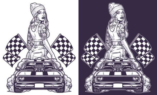 ilustraciones, imágenes clip art, dibujos animados e iconos de stock de street racer girl emblema monocromo - car california sports race motorized sport