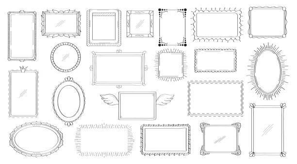 Frames, mirror set in hand drawn style. Vintage image frame doodle labels. Blank black square rectangle label elegant sketches. Outlines photo border. Frames, mirror set in hand drawn style. Vintage image frame doodle labels. Blank black square rectangle label elegant sketches. Outlines photo border. Picture frames as graffi cute simple drawings pictures stock illustrations
