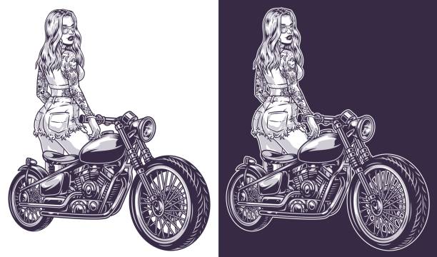 cooles motorradfahrerin monochromes emblem - people speed mode of transport black and white stock-grafiken, -clipart, -cartoons und -symbole