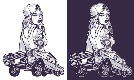 Street racer girl emblem monochrome with cool retro car for fast street racing and baby woman with tattoo vector illustration