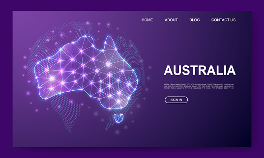 Australia 3d low poly website template. Australia map design illustration concept. Polygonal Continent silhouette symbol for website design, digital technology concept.