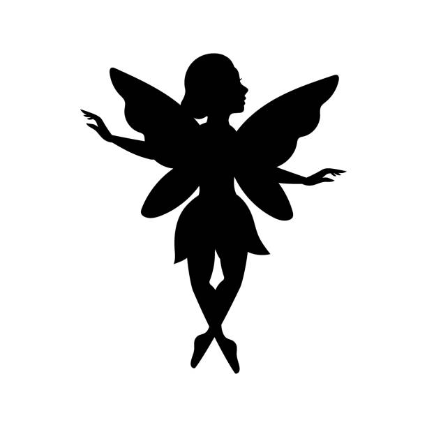 istock Fairy silhouette. Mythical tale character logo. Little creature with wings. Magical fairy in dress 1469456924