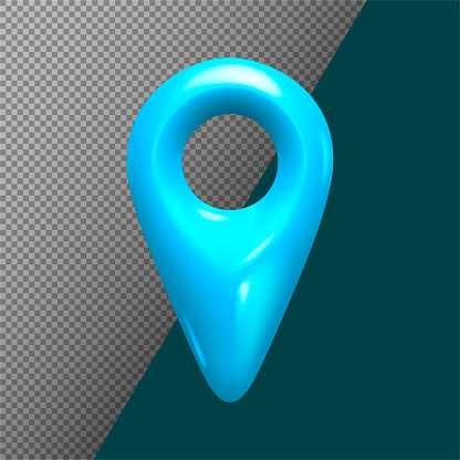 3D rendering realistic location, map pin, GPS pointer, marker GPS, location symbol, blue geolocation marker, placemark icon. Location point vector shape cut out for maps and navigation applications.