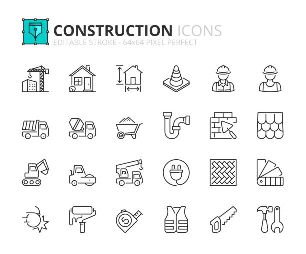 ilustrações de stock, clip art, desenhos animados e ícones de simple set of outline icons about construction - construction house indoors vehicle interior