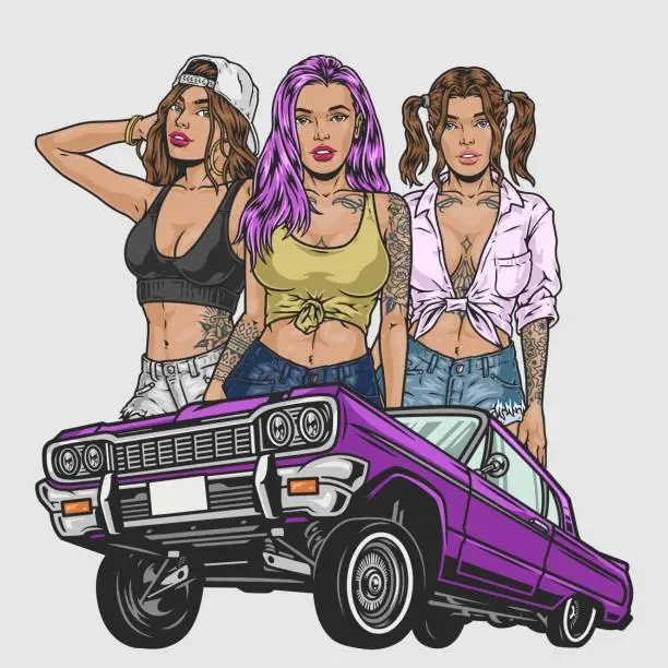 Vector illustration of Hot girls lowriders colorful element