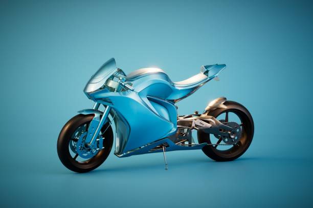 istock racing motorcycle in blue on a turquoise background. 3D render 1469458456