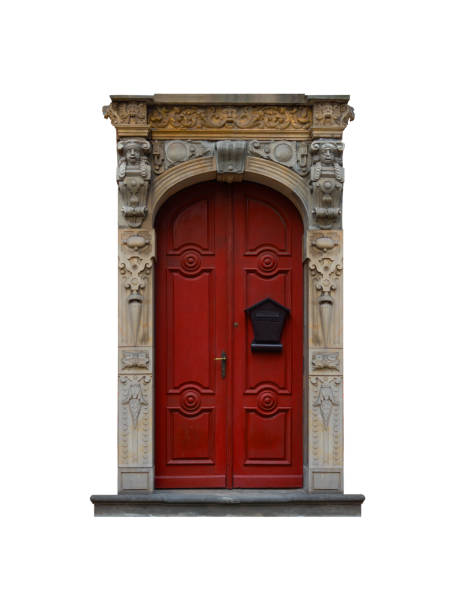 red wooden doors with doorway isolated on white background