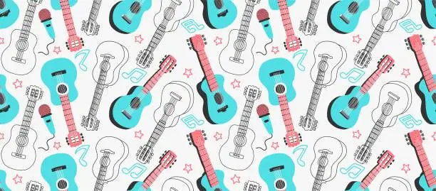 Vector illustration of seamless pattern with cute acoustic guitars.