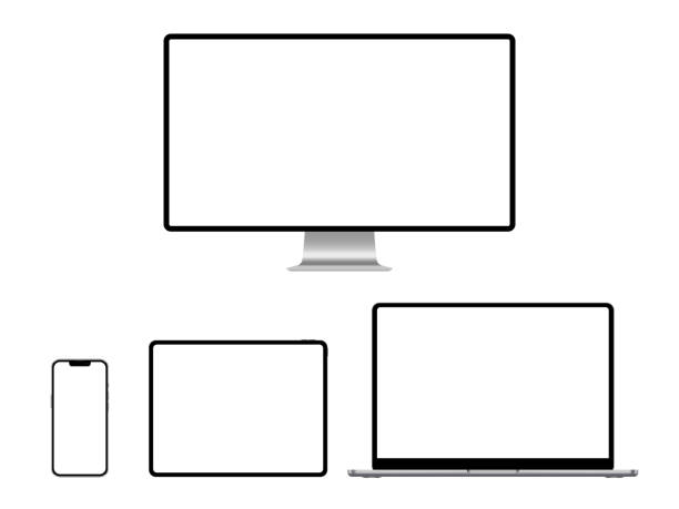 kuvapankkikuvitukset aiheesta realistiset laitteet, joissa on tyhjä näyttö: puhelin, tabletti, kannettava tietokone ja tietokonemalli. varastovektorin kuva - työpöytä