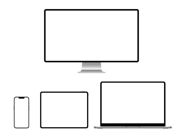 реалистичные устройства с пустым экраном: телефон, планшет, ноутбук и макет пк. стоковая векторная иллюстрация - screen stock illustrations