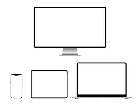 A set of isolated smart devices with blank screen: smartphone, tablet, laptop and desktop on white background. Website design, laptop program  or mobile app demonstration template
