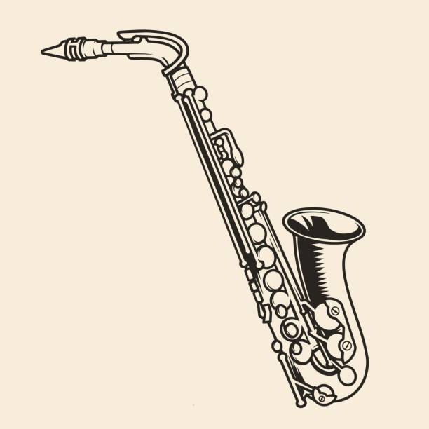 재즈 색소폰 요소 빈티지 흑백 - jazz music trumpet valve stock illustrations