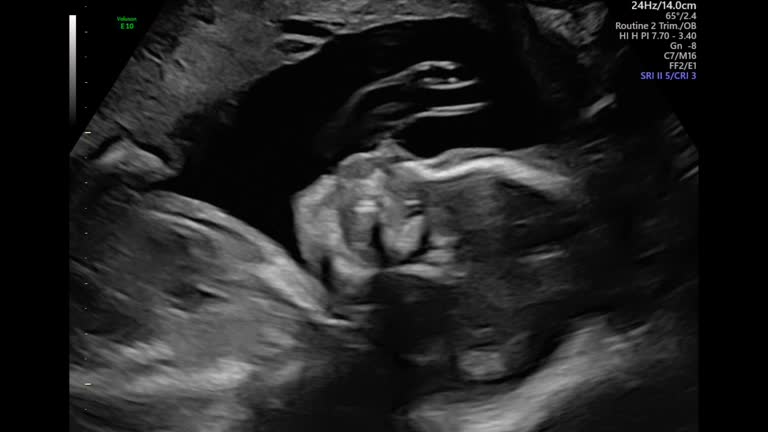 Tiny female baby rolls over in mother's abdomen. Baby in womb moves during ultrasound