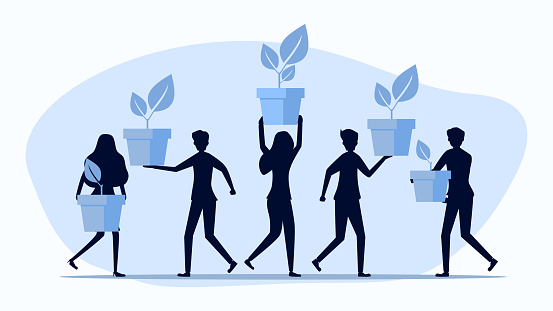 Silhouettes of people holding trees. The concept of a customer who conserves nature. people planting trees together vector