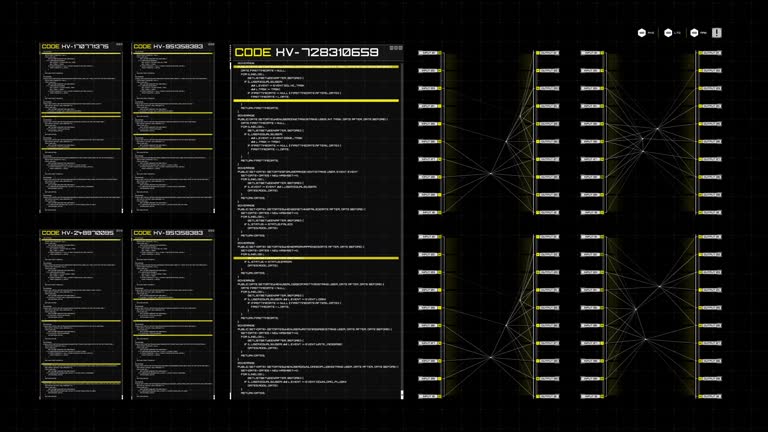 This futuristic HUD control panel footage features advanced graphics, programming code, abstract data displays, linear connections, and customizable displays, offering a cutting-edge tool for managing and interpreting complex information.