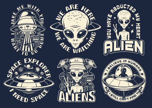 ilustrações de stock, clip art, desenhos animados e ícones de ufo set monochrome vintage posters - alien