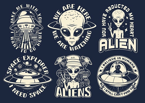 UFO set monochrome vintage posters with portraits of aliens watching earthlings from flying saucers and kidnapping people vector illustration
