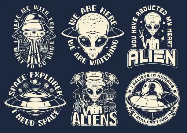 Vector illustration of UFO set monochrome vintage posters