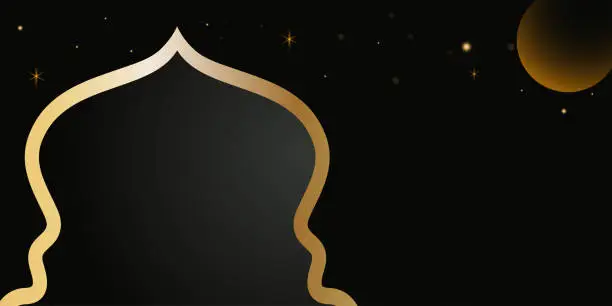 Vector illustration of Golden mosque dome frame with full moon and star sprinkles with copy space for text. banners for celebration of islamic banners like eid al adha, fitr, ramadhan, etc.