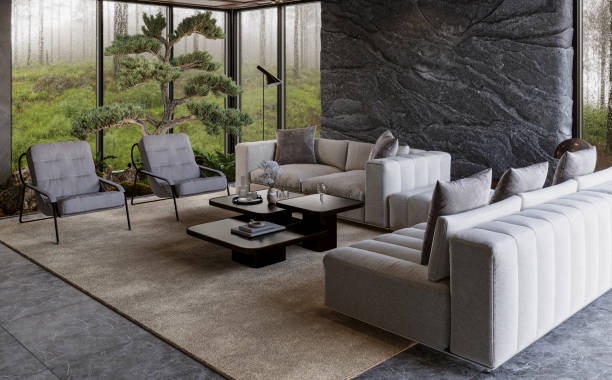 istock Modern living room interior with panoramic windows and natural rock wall, 3d render 1469469316