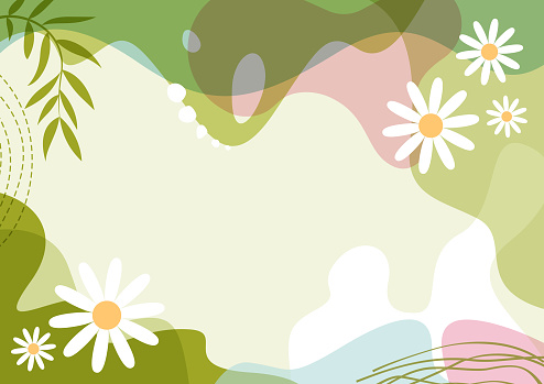 Spring flowers, leaves and daisies. Abstract natural line arts. Organic shape. Design background for social media post, cover, print and wallpaper