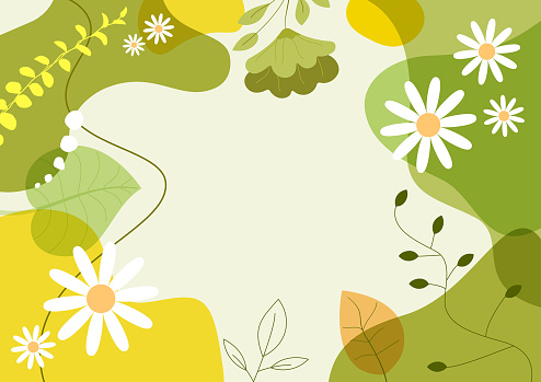 Spring flowers, leaves and daisies. Abstract natural line arts. Organic shape. Design background for social media post, cover, print and wallpaper