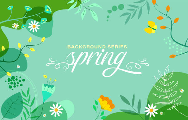 Abstract simply background with natural line arts - spring theme - Spring flowers, leaves and daisies. Abstract natural line arts. Organic shape. Design background for social media post, cover, print and wallpaper spring stock illustrations