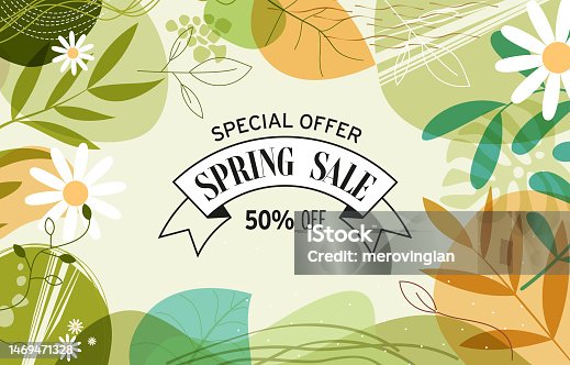 istock Spring sale illustration with tropical leaves background. Promotion banner, flyer and poster 1469471328