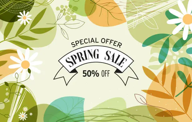 Vector illustration of Spring sale illustration with tropical leaves background. Promotion banner, flyer and poster