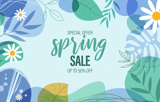 Spring sale banner template. Set of trendy abstract background with flowers, leaves, daisies and geometric elements. Modern colorful spring design for web internet ad