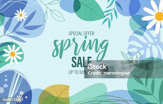 istock Spring sale illustration with tropical leaves background. Promotion banner, flyer and poster 1469471336