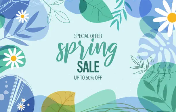 Vector illustration of Spring sale illustration with tropical leaves background. Promotion banner, flyer and poster