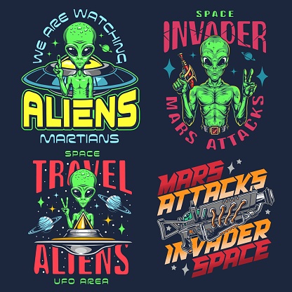 Alien Tech Emblems Aliens Martians Set Emblems Colorful Stock Illustration - Download ...